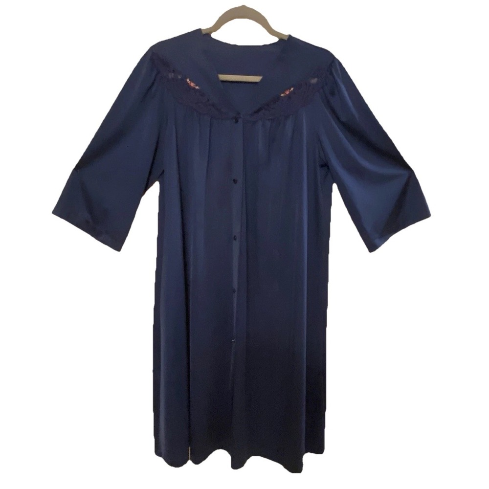 Shadowline Robe Navy Peignoir Lingerie Nylon‎ Lace Large Pink Roses Button Front